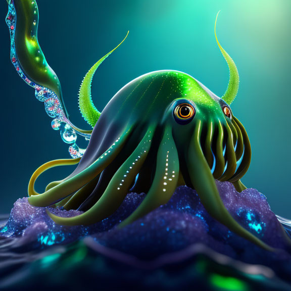 Luminescent squid with expressive eyes in sparkling ocean