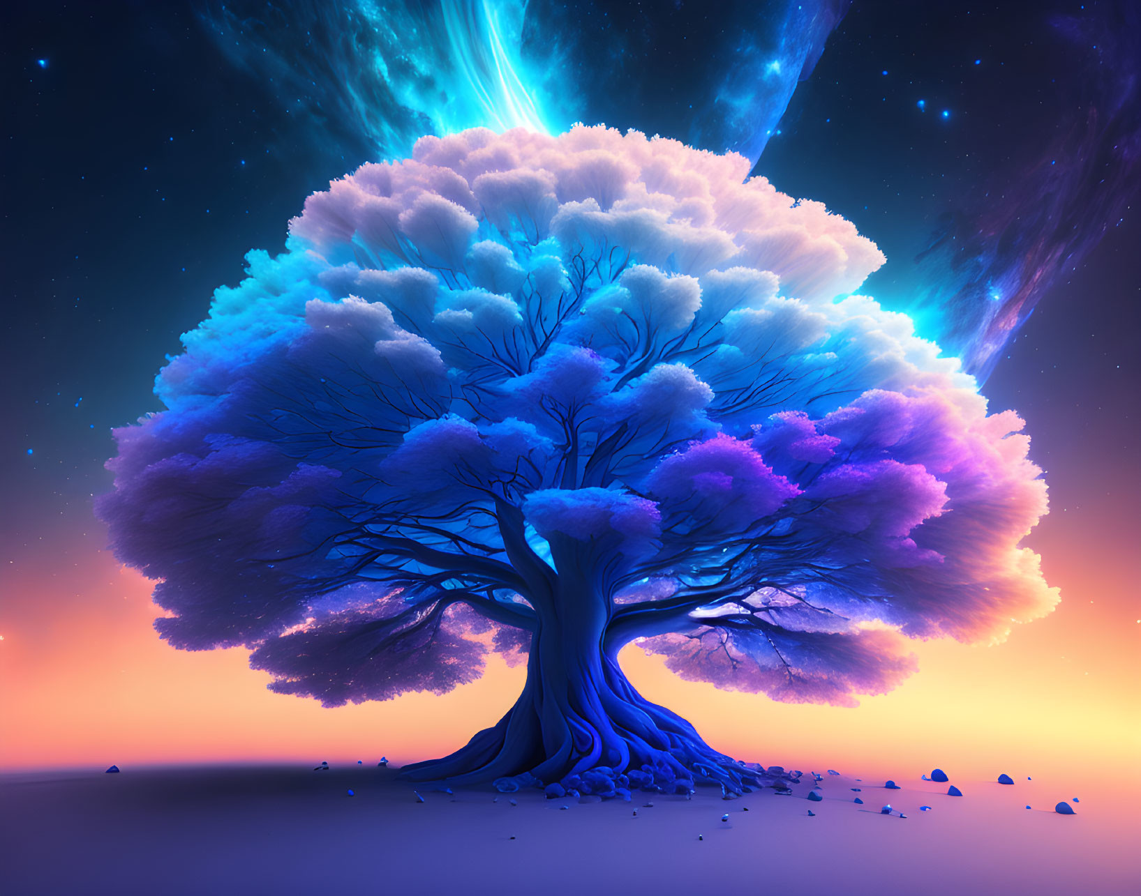 Colorful surreal tree against cosmic sky with stars and nebulae