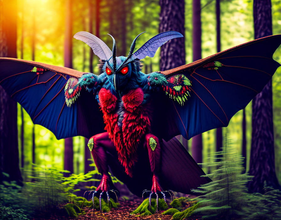 Colorful digital artwork: Fantastical moth-like creature in enchanted forest