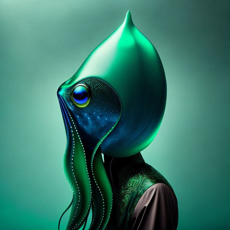 Colorful Squid-Like Mask on Person Against Green Background