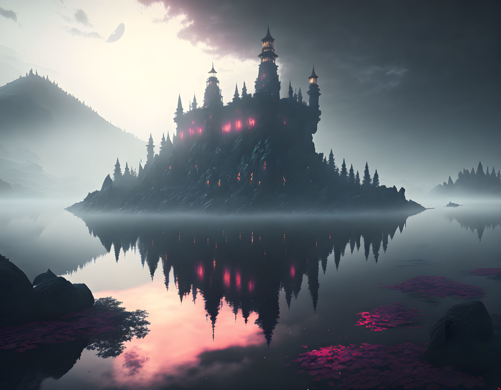 Misty Gothic Castle on Forested Island with Two Moons