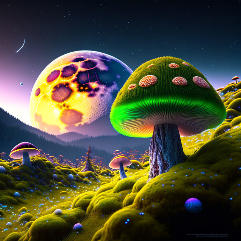 Colorful digital artwork featuring oversized mushrooms in a fantasy landscape with starry sky and large moon