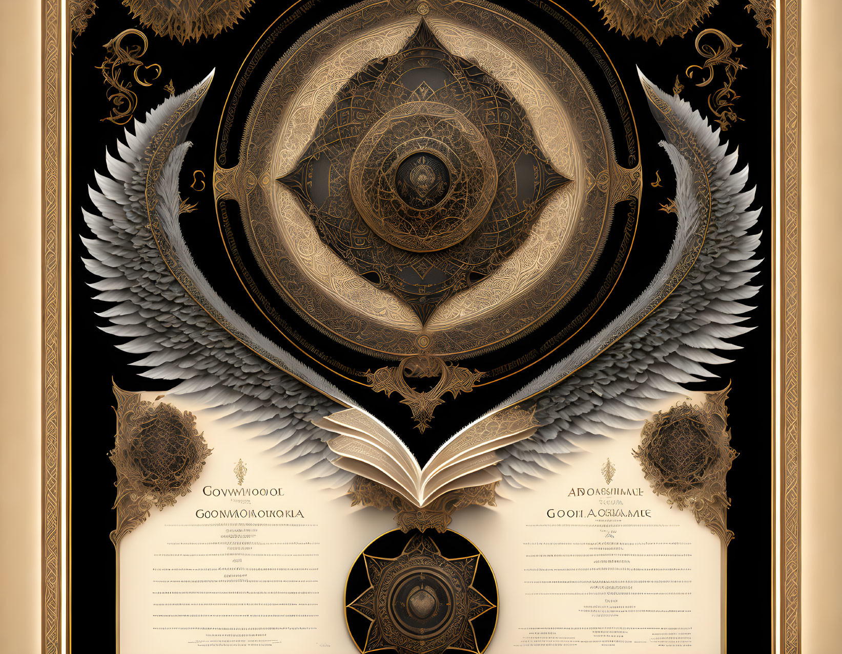 Fantasy-themed illustration with eye symbol, wings, and mysterious text.