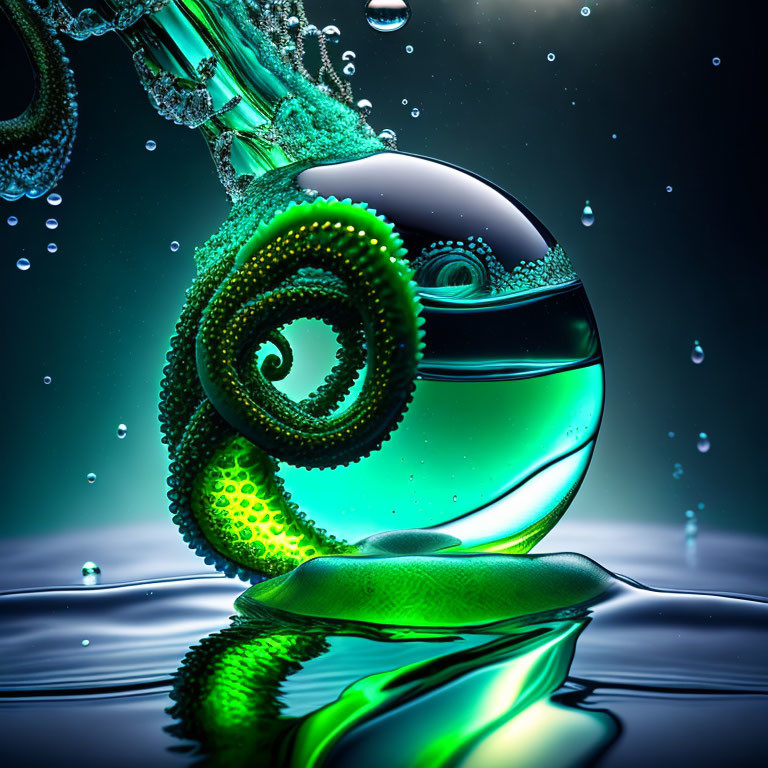 Glass sphere with green liquid swirl and octopus tentacle on dark background