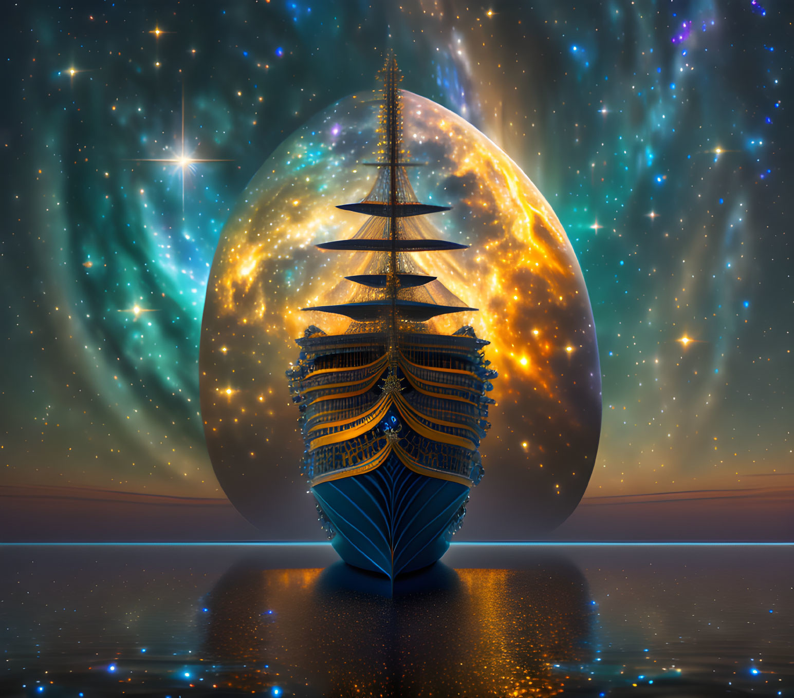 Sailing ship on calm waters with cosmic backdrop and large planet