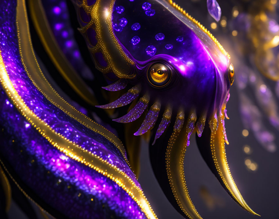 Colorful digital squid illustration with shimmering purple and gold tones and intricate textures.