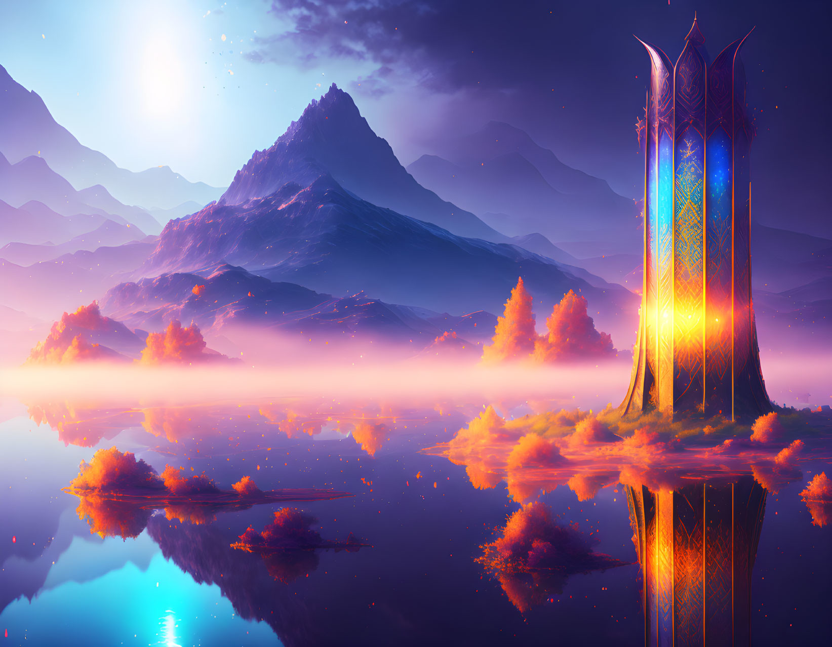 Fantasy landscape at twilight with reflective lake, mystical tower, colorful foliage, and majestic mountains under star