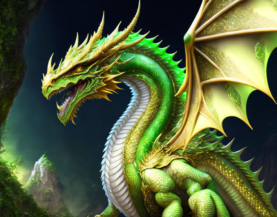 Detailed Green and Gold Dragon Illustration in Forested Setting