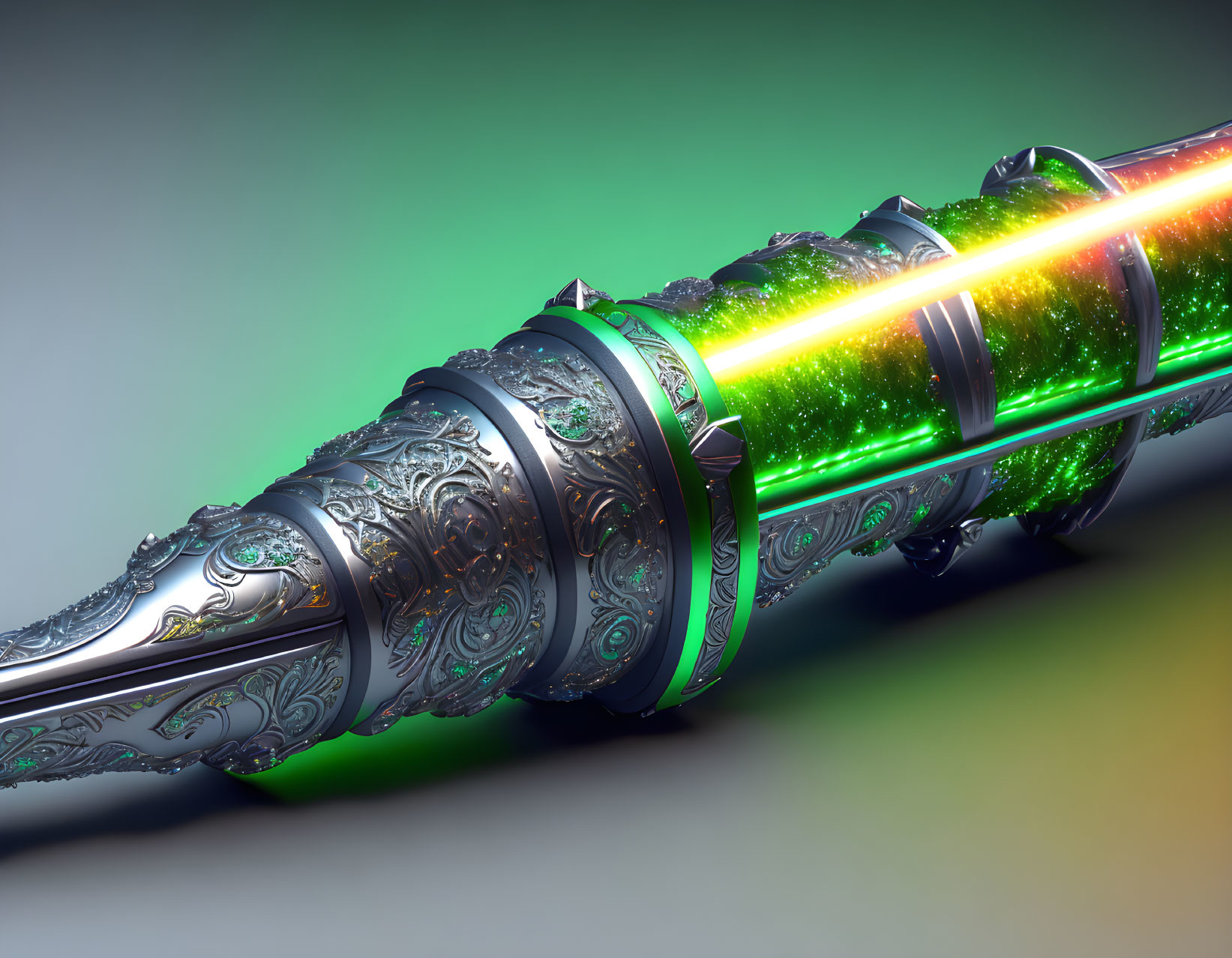 Detailed Ornate Metal Staff with Luminous Green Energy Core on Gradient Background