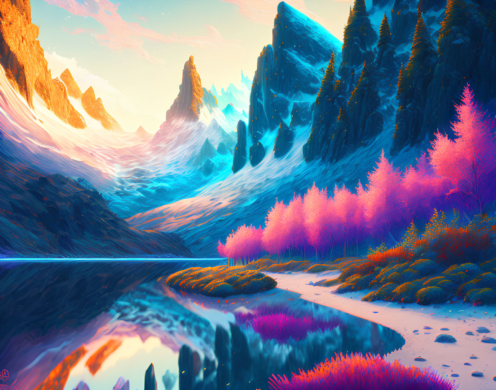 Serene landscape with pink foliage, reflective waters, and icy mountains at sunset