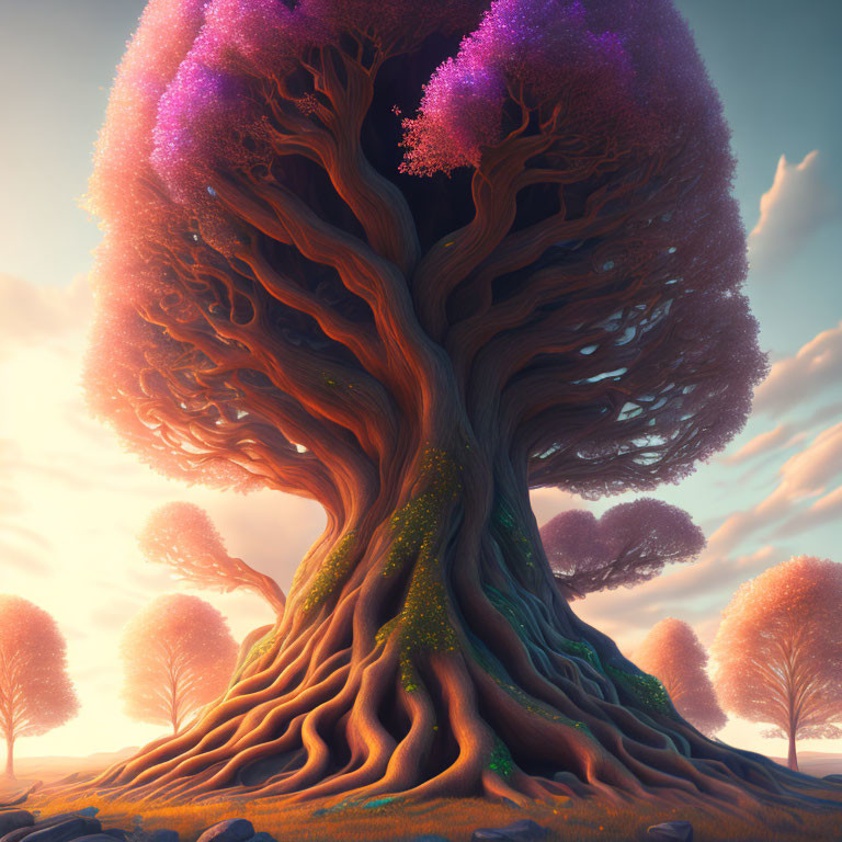 Majestic fantasy tree with wide trunk and vibrant purple foliage at sunset