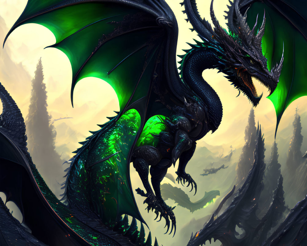 Majestic black dragon with glowing green accents in misty forest landscape