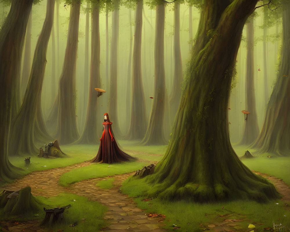 Mysterious Figure in Red Cloak in Magical Forest