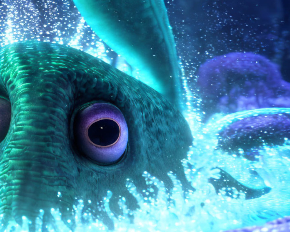 Whimsical green fish with large eyes in bioluminescent underwater scene