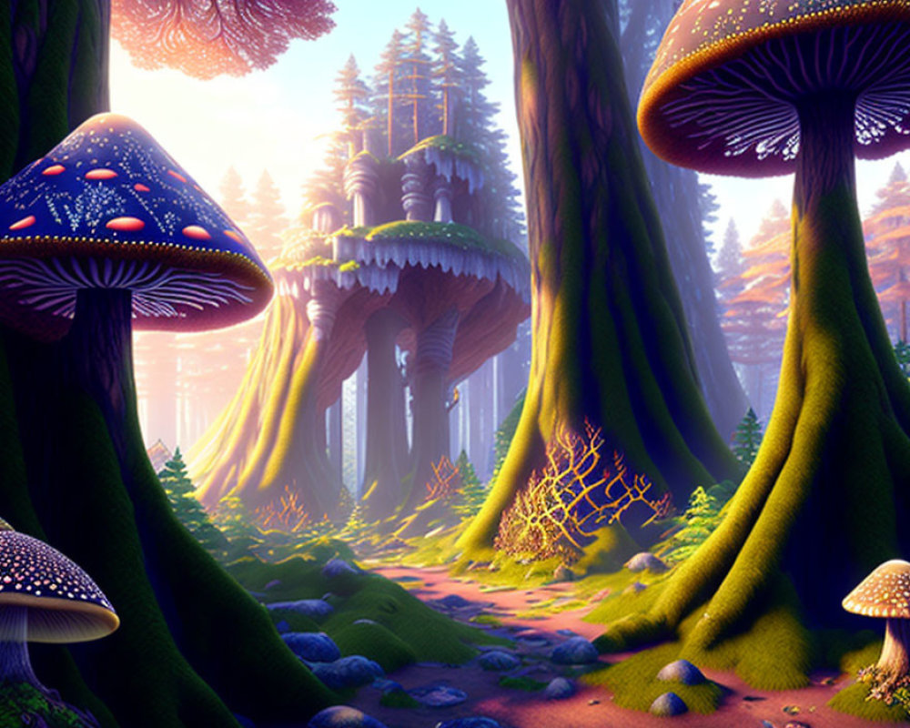 Enchanted Forest with Oversized Colorful Mushrooms and Ancient Trees