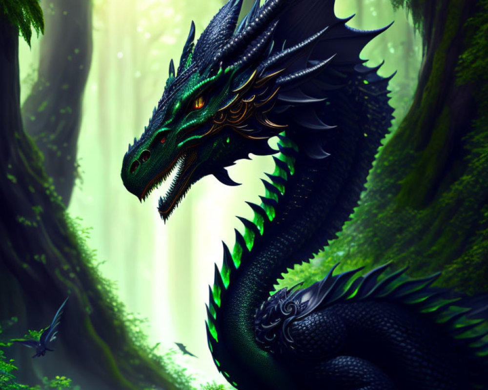 Black Dragon with Green Accents in Misty Forest with Butterfly