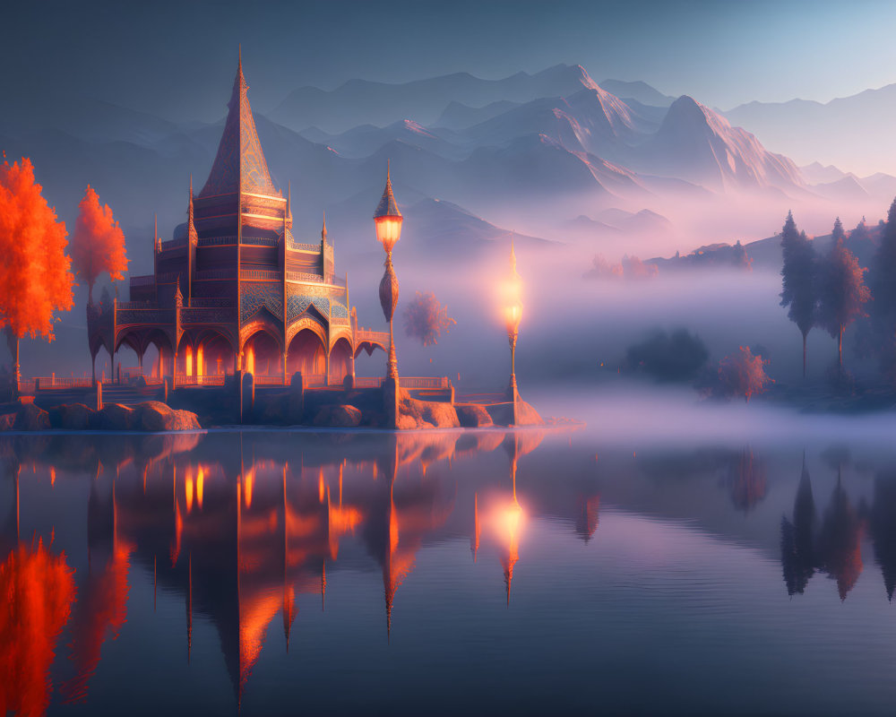 Ornate castle in serene fantasy landscape with lake, autumn trees, mist, and mountains