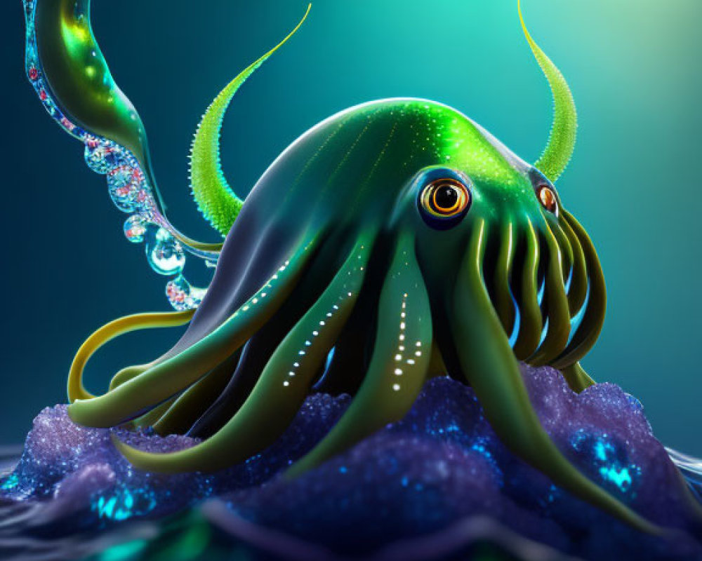 Luminescent squid with expressive eyes in sparkling ocean