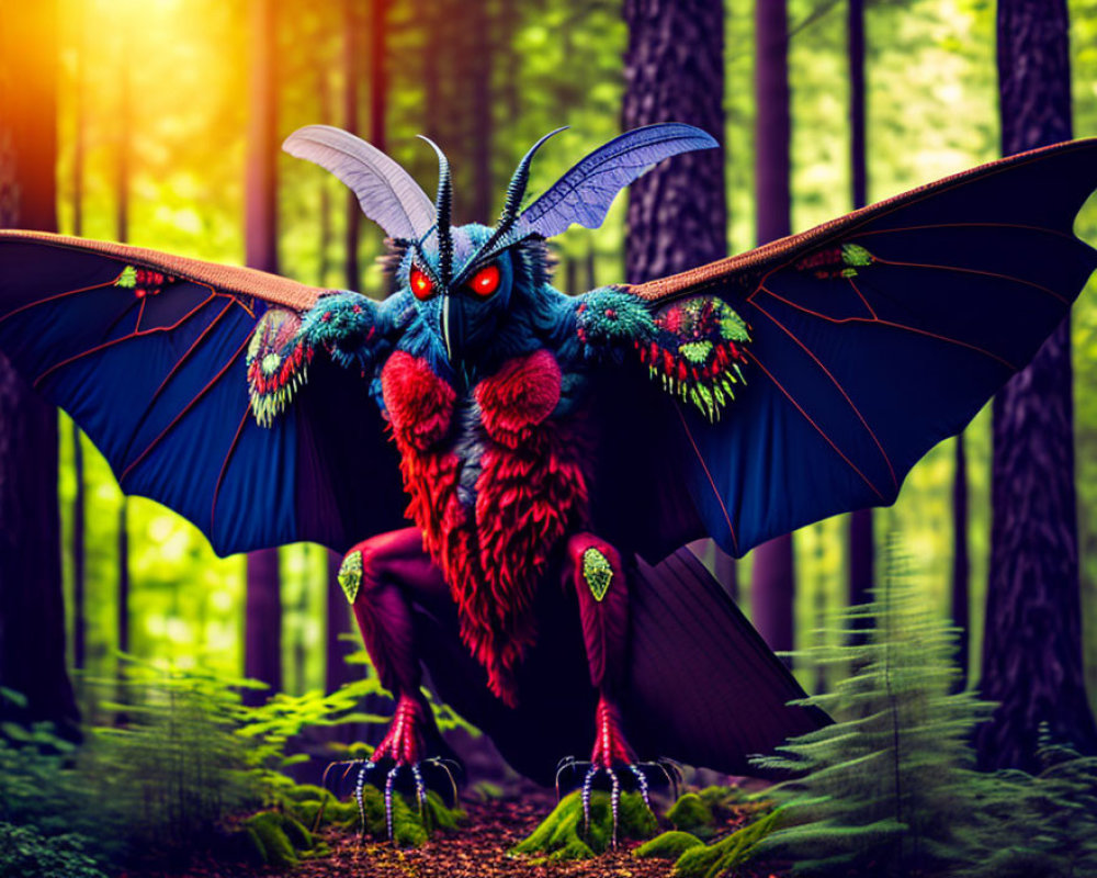 Colorful digital artwork: Fantastical moth-like creature in enchanted forest