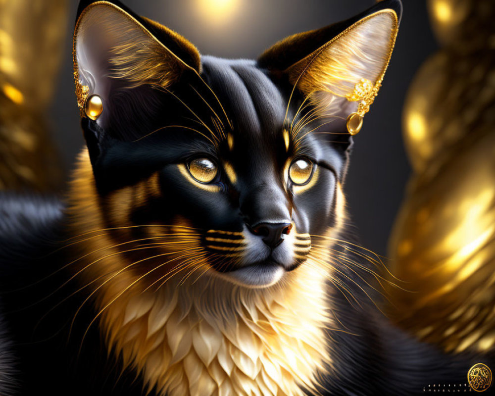 Majestic black and gold cat with elegant earrings on glowing background