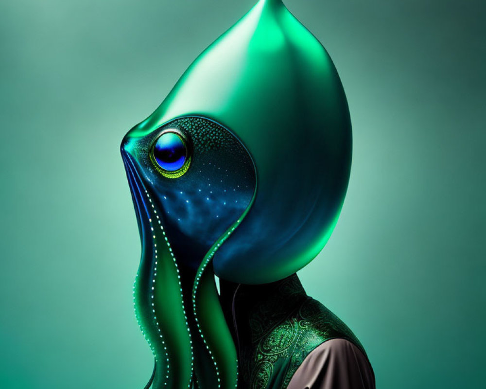 Colorful Squid-Like Mask on Person Against Green Background