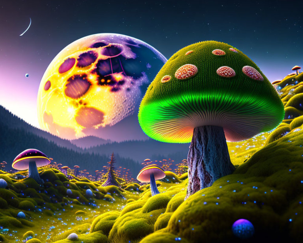 Colorful digital artwork featuring oversized mushrooms in a fantasy landscape with starry sky and large moon