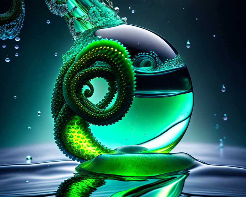 Glass sphere with green liquid swirl and octopus tentacle on dark background