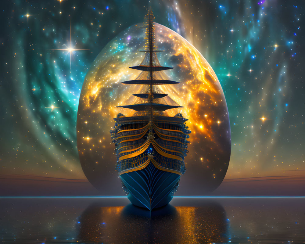 Sailing ship on calm waters with cosmic backdrop and large planet