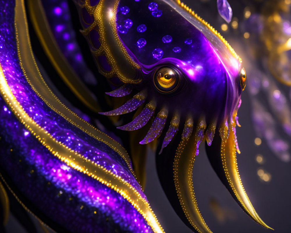 Colorful digital squid illustration with shimmering purple and gold tones and intricate textures.