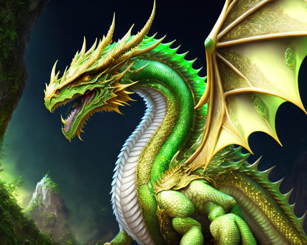 Detailed Green and Gold Dragon Illustration in Forested Setting