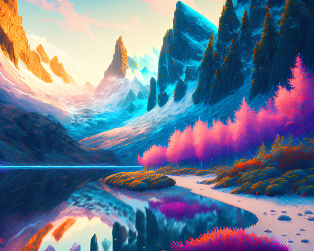 Serene landscape with pink foliage, reflective waters, and icy mountains at sunset