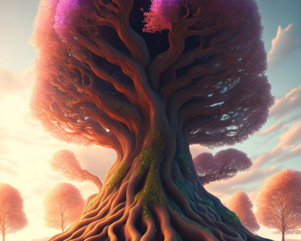 Majestic fantasy tree with wide trunk and vibrant purple foliage at sunset