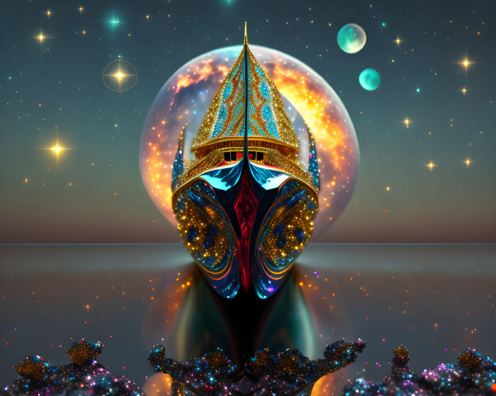 Digital artwork of ornate ship in cosmic scene