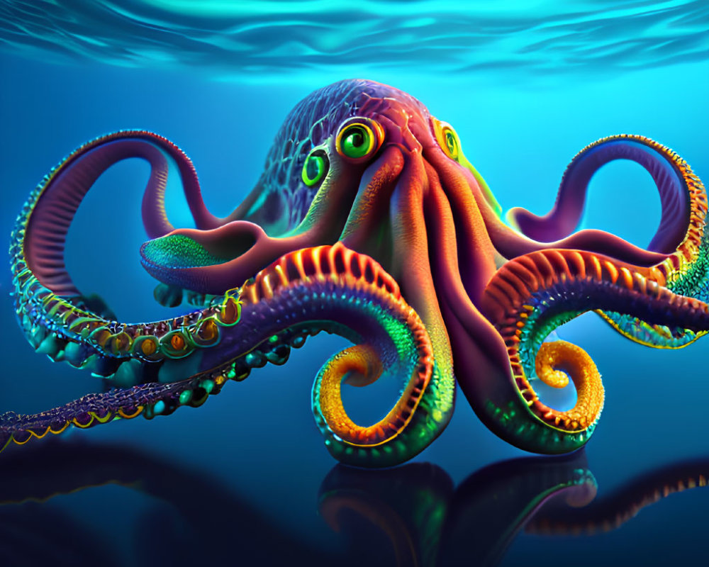 Colorful Octopus with Detailed Suction Cups in Blue Underwater Scene