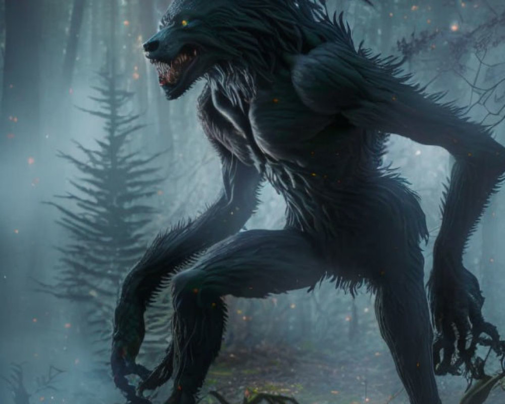 Menacing werewolf in foggy forest with sharp teeth and claws