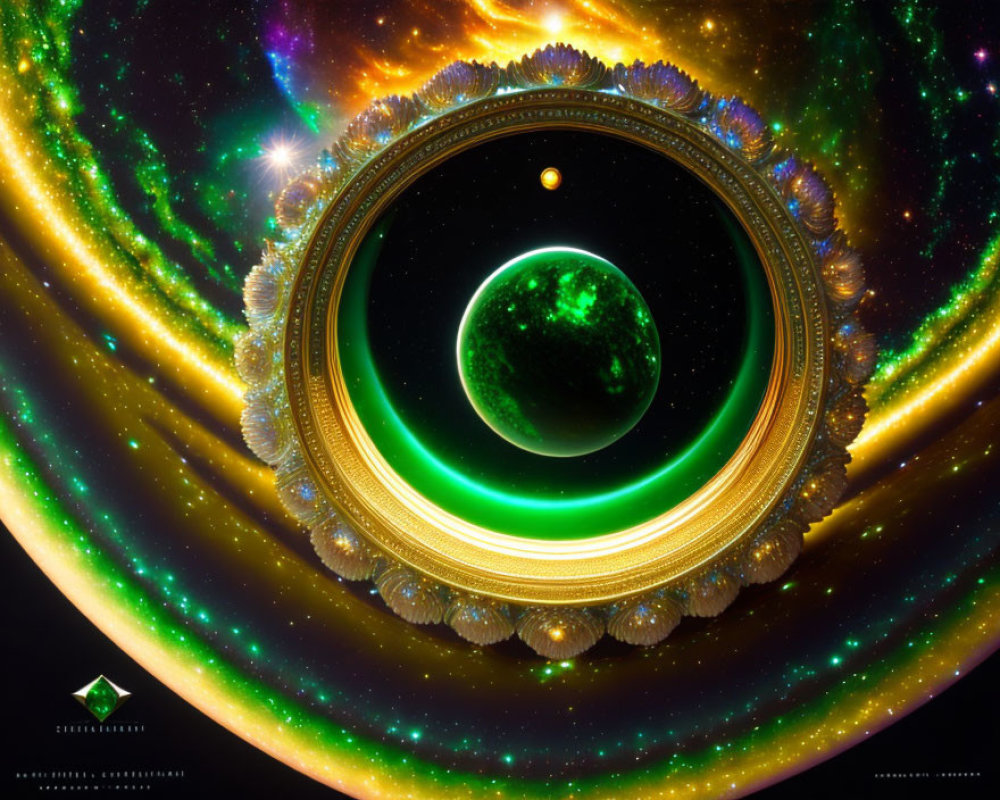 Vibrant digital art: Green planet with golden rings in cosmic scene