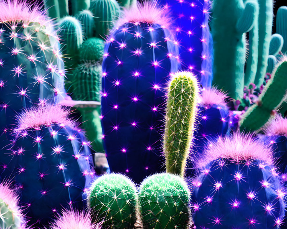 Colorful Neon-Lit Cacti on Dark Background