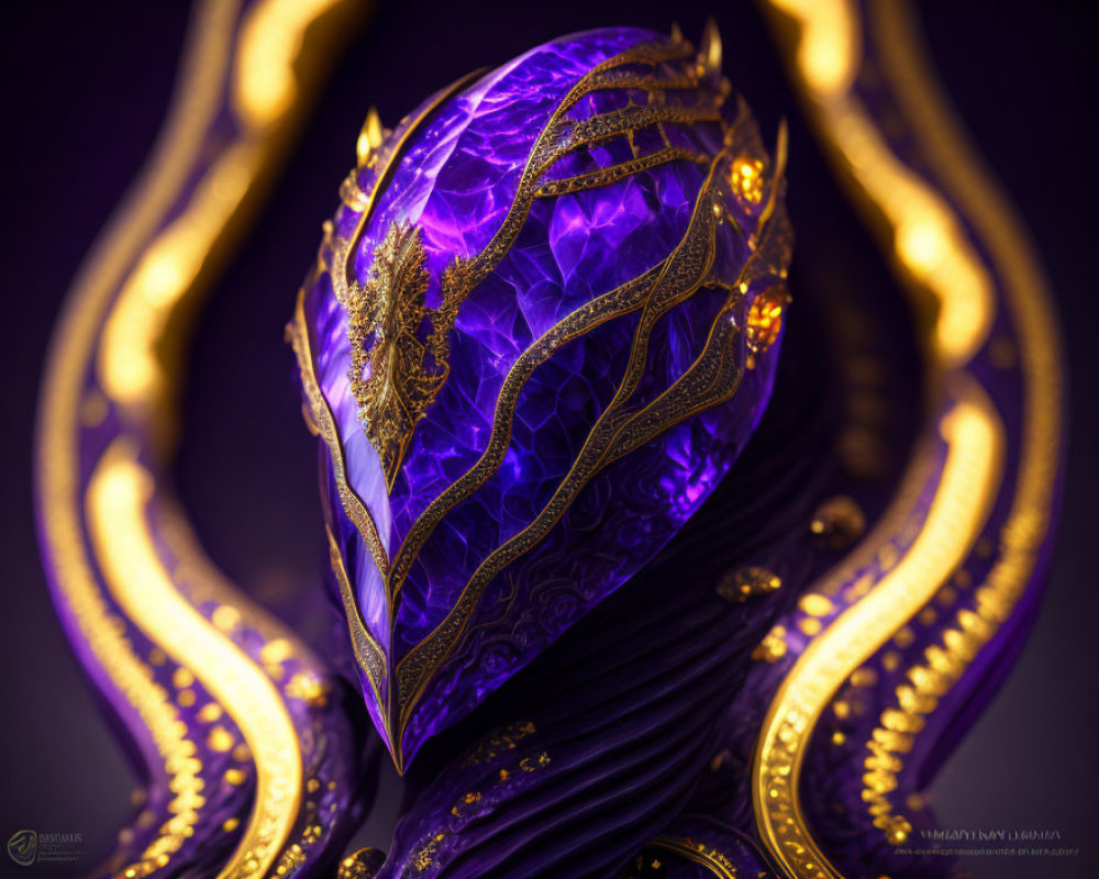 Purple and Gold Intricate Mask with Detailed Patterns on Dark Background