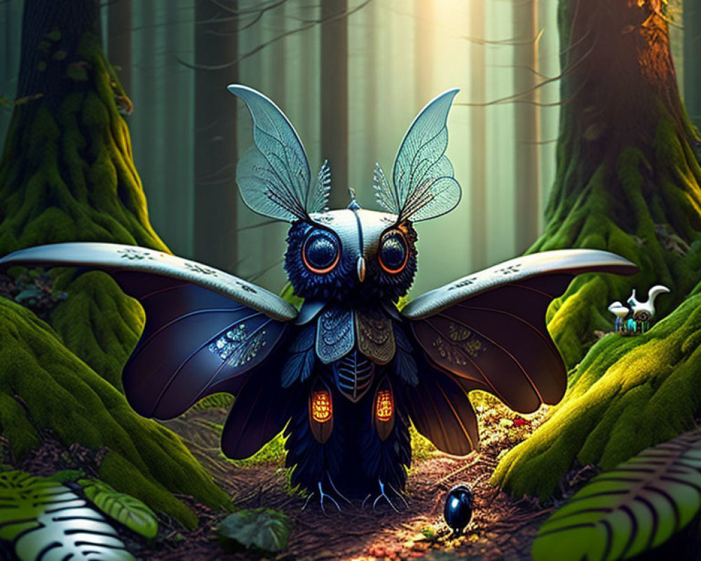 Iridescent-winged creature with owl-like features in enchanted forest