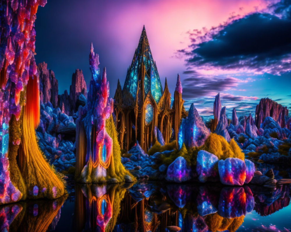 Colorful Fantasy Landscape with Reflective Water Body & Glowing Crystal Formations