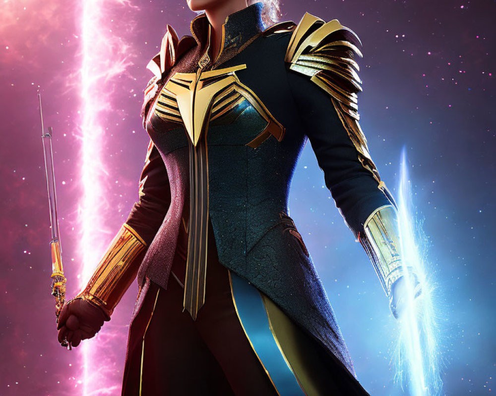 Regal figure in sci-fi armor with glowing sword against cosmic backdrop