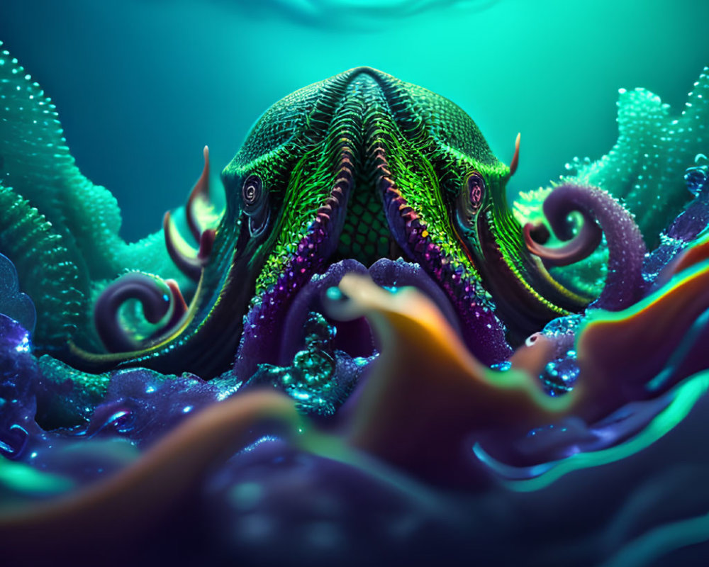 Colorful digital artwork of glowing octopus-like creature with swirling tentacles