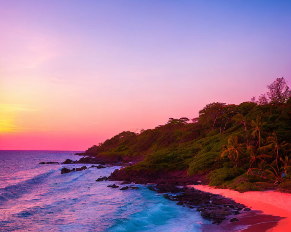 Colorful tropical beach sunset with purple, pink, and orange sky over turquoise waves and rocky coastline.