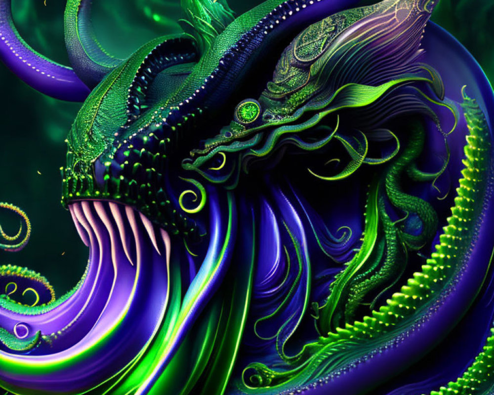 Colorful Stylized Dragon Artwork in Green and Purple Swirls