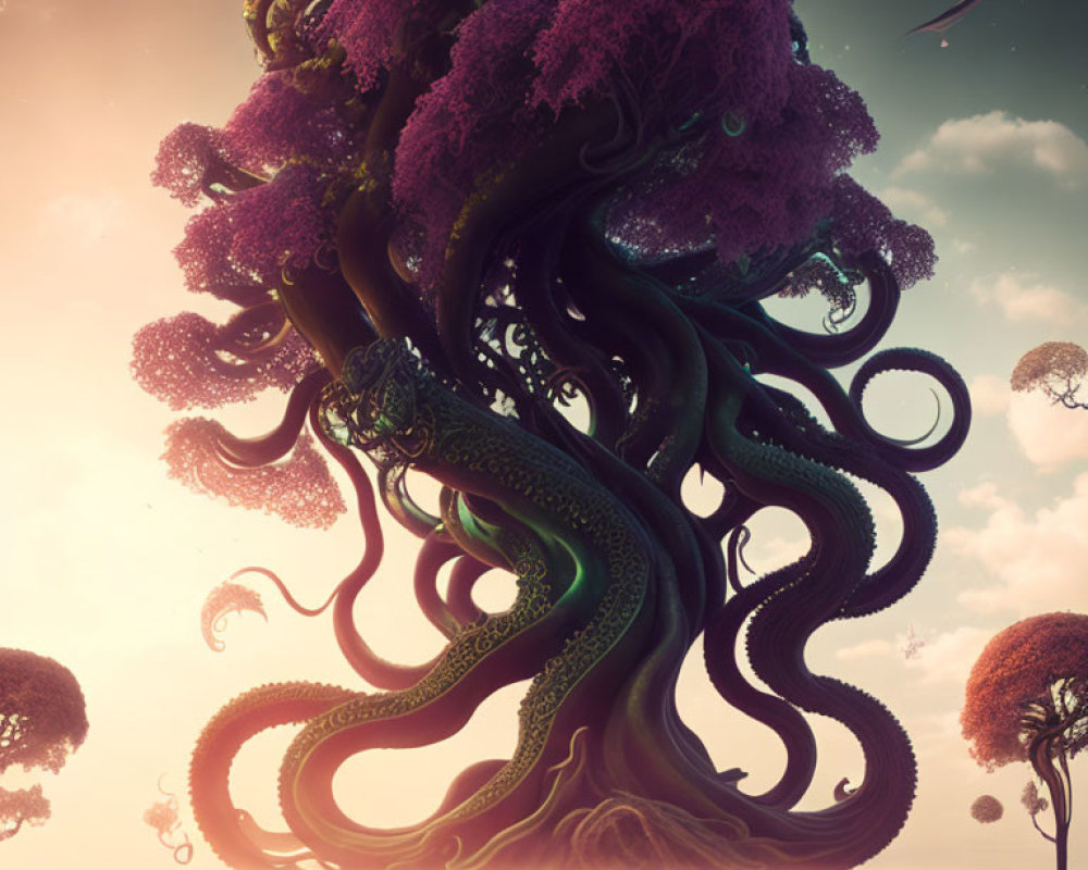 Fantastical image: Massive twisting tree with purple foliage under dreamy sky & floating islands.