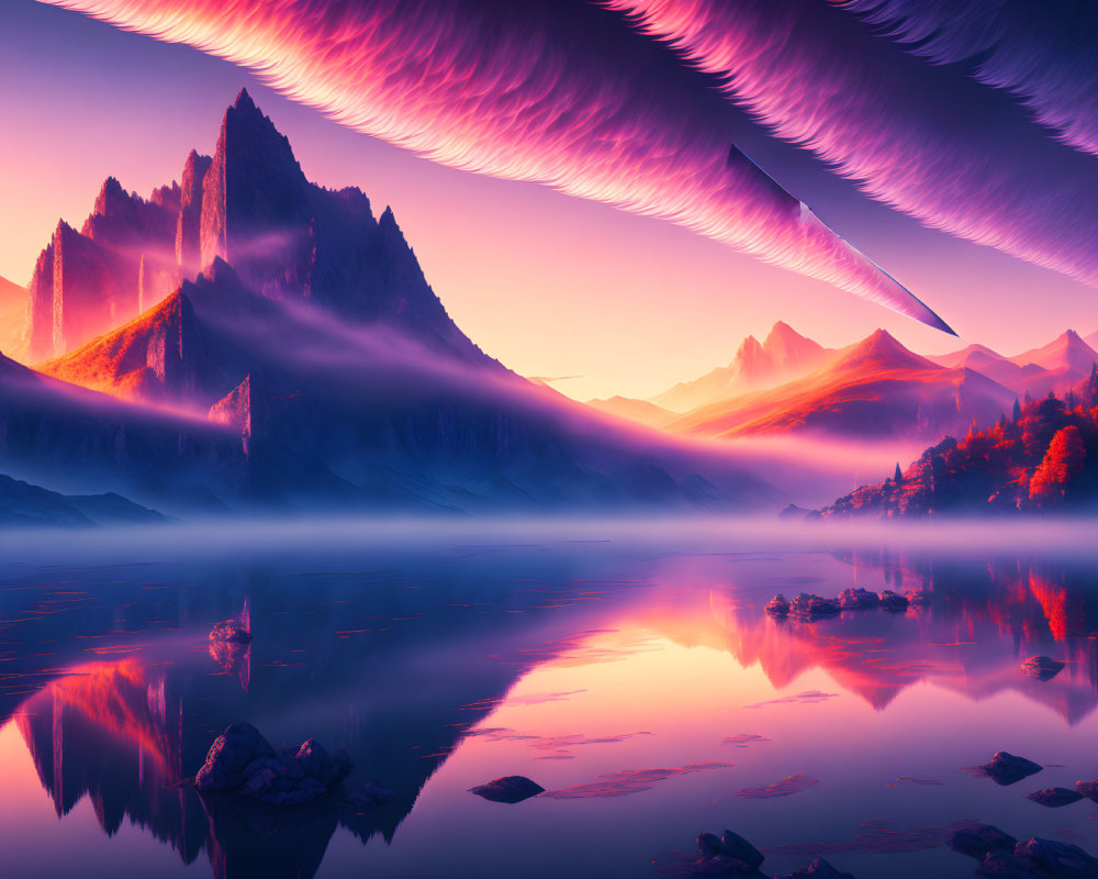 Surreal landscape with reflective lake and towering mountains