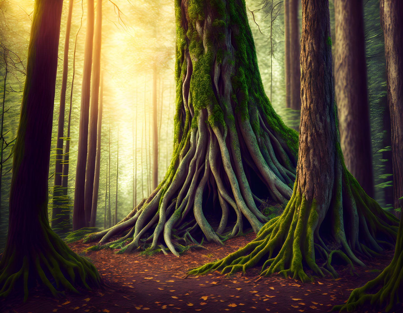 Lush forest scene with sunlight filtering through intricate tree roots