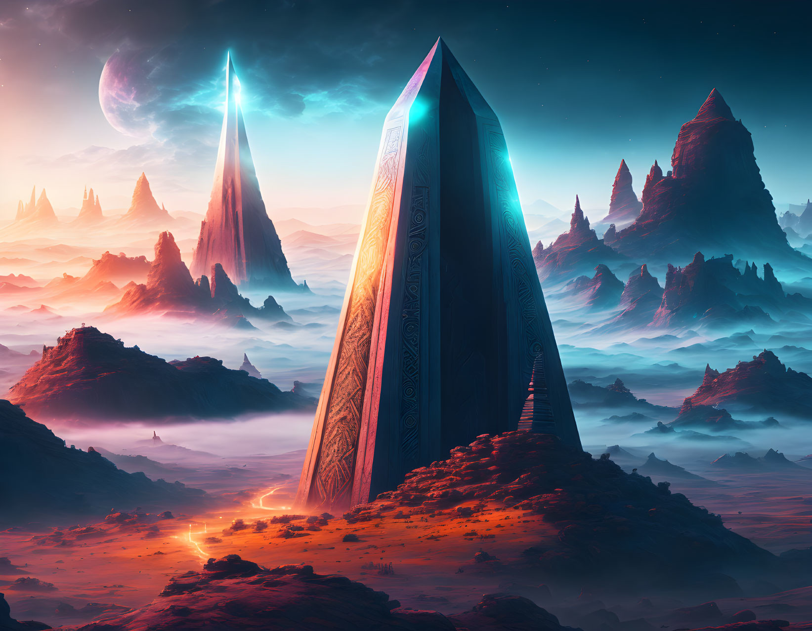 Fantastical landscape with glowing monoliths, misty mountains, starry sky, and large