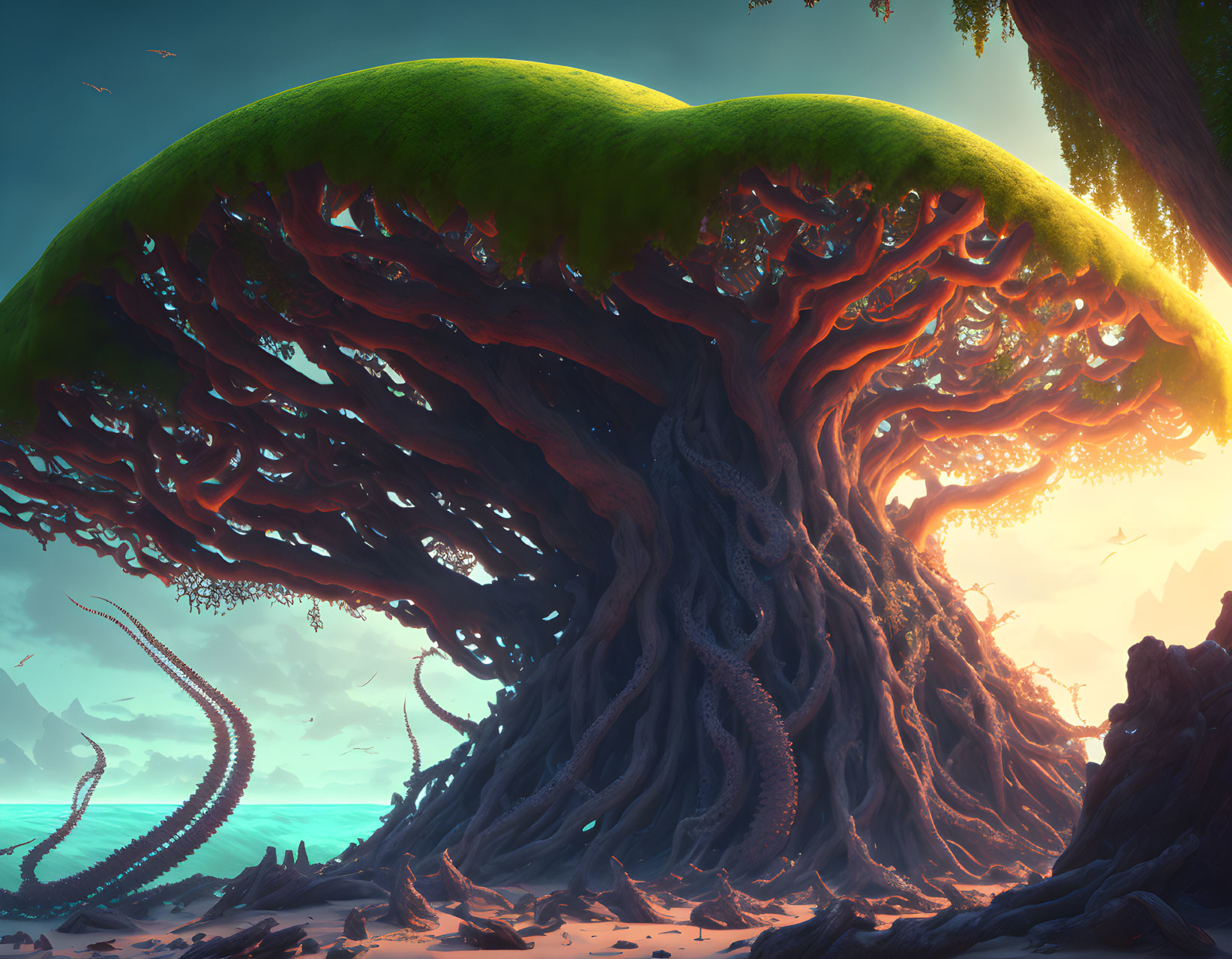 Ancient tree with wide canopy on mystical beach at sunset