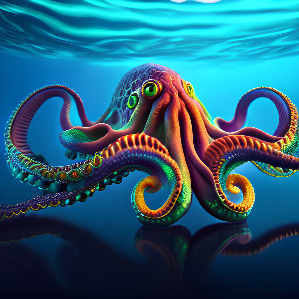 Colorful Octopus with Detailed Suction Cups in Blue Underwater Scene